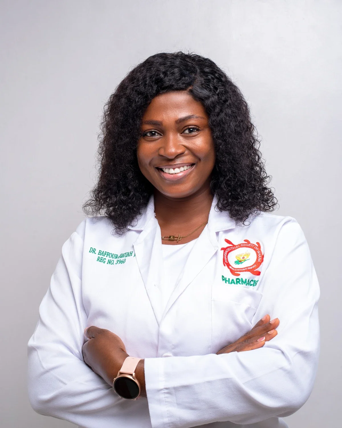 Juliana Baffour Awuah in her pharmacist’s coat